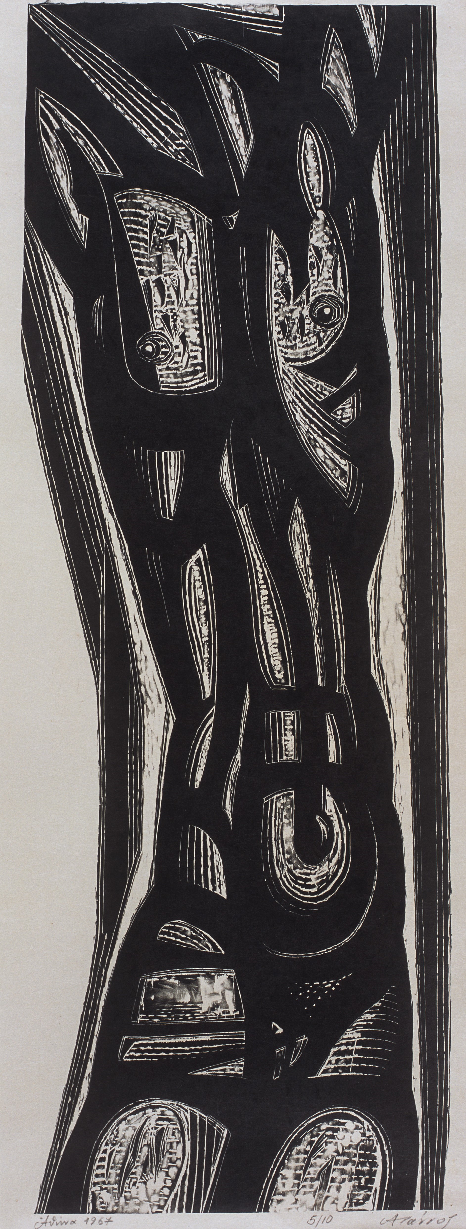 Black and white print with an emaciated young man’s body. The muscles are white and the rest is black.  Slave 2 at the exhibition area