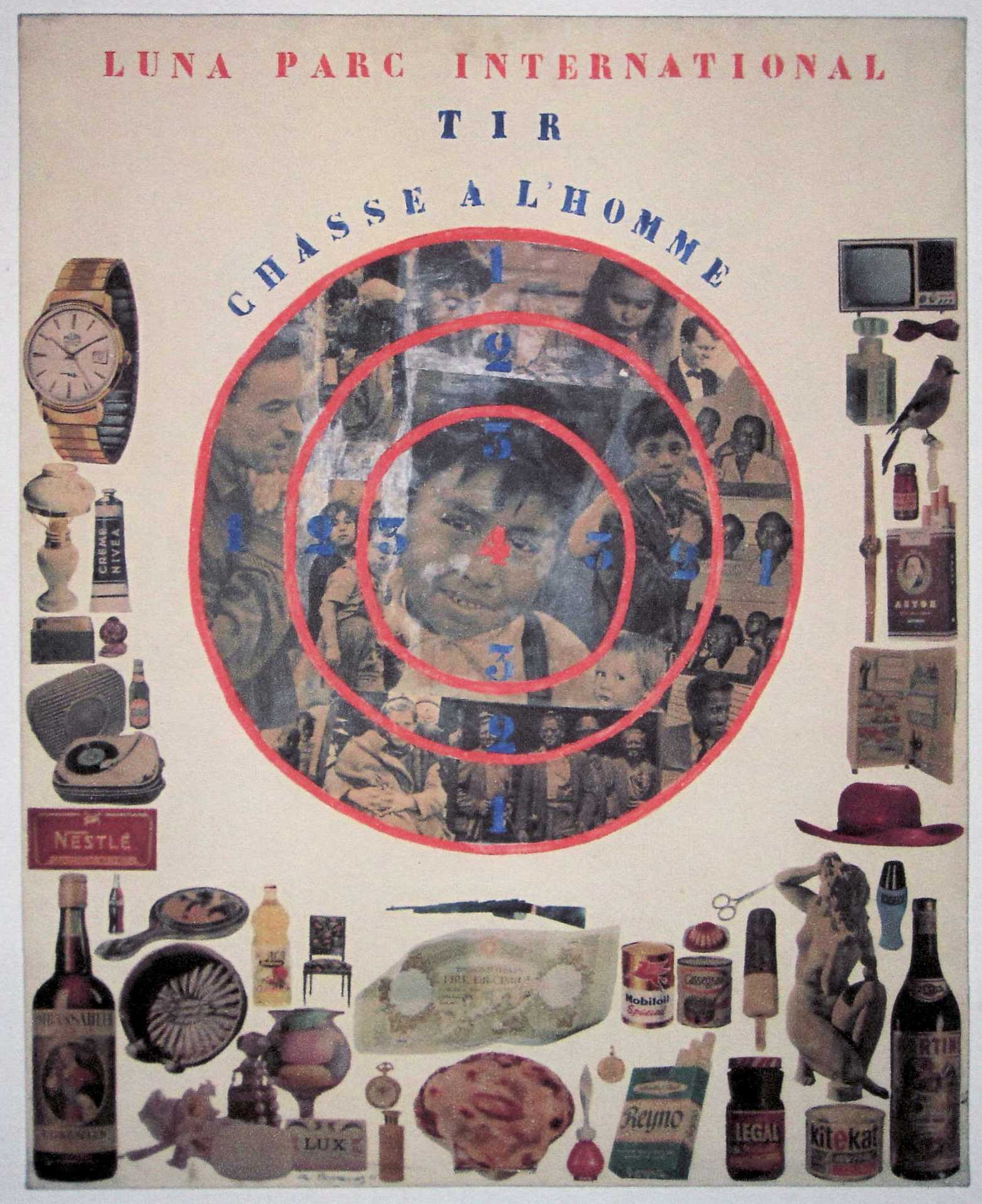 Collage with a red target that incorporates images of people from magazines. Images of consumer goods all around. Chryssa Romanos, Shooting