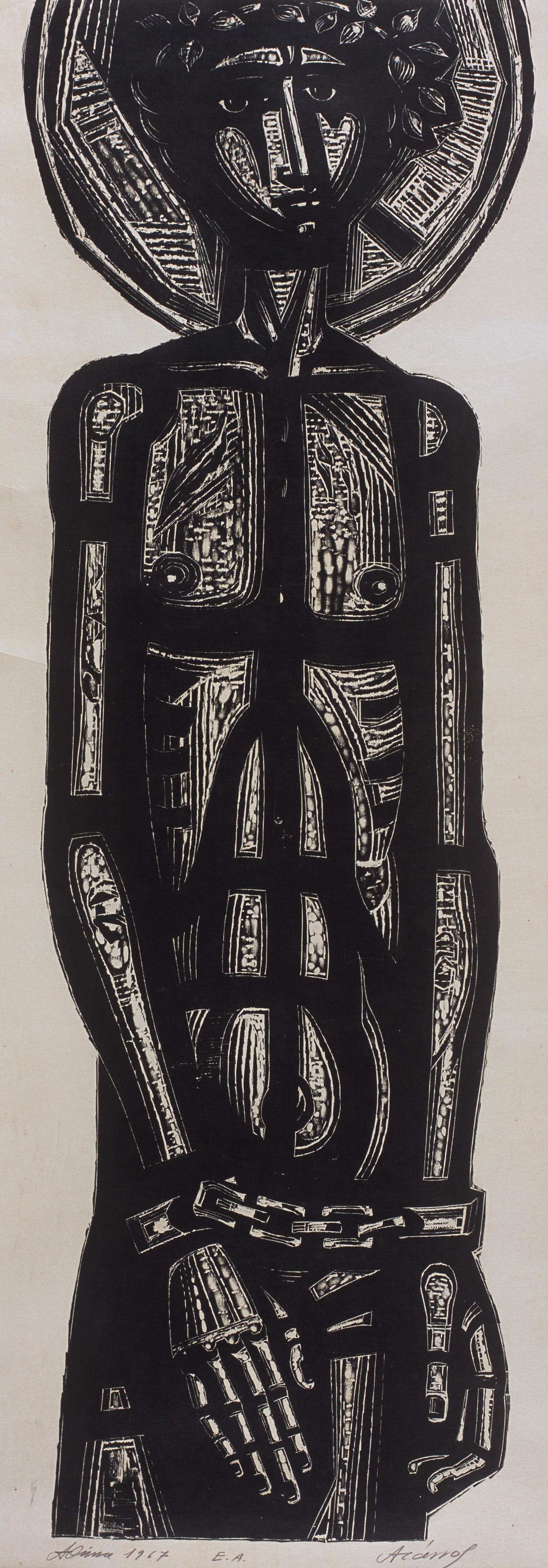 Black and white print with an emaciated young man. He has curly hair and is donning handcuffs and a halo.  Slave 1 at the exhibition area