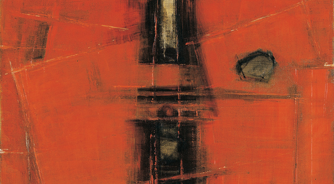Detail of a stern abstract form in black over a bright red background. Detail of a stern abstract form in black over a bright red background.