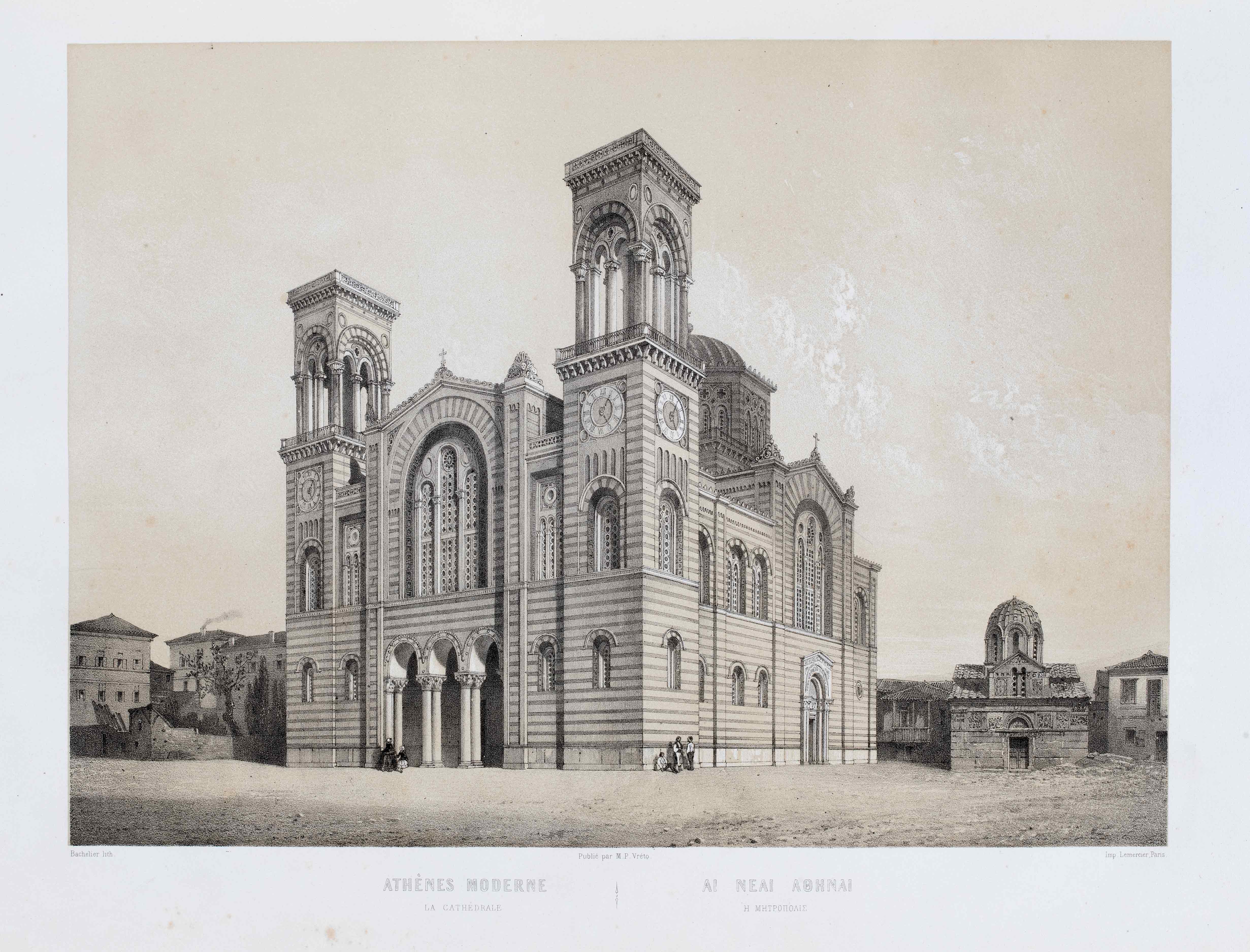 Etching of the Metropolitan Cathedral of Athens. The Byzantine Church of St. Eleftherios can also be seen. Picture from the book Modern Athens